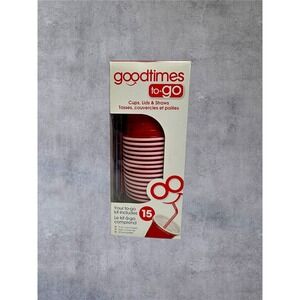 Goodtimes To-Go Cup Kit 15ct 9oz Red White New Cups Lids Straws 45pc‎ Set
